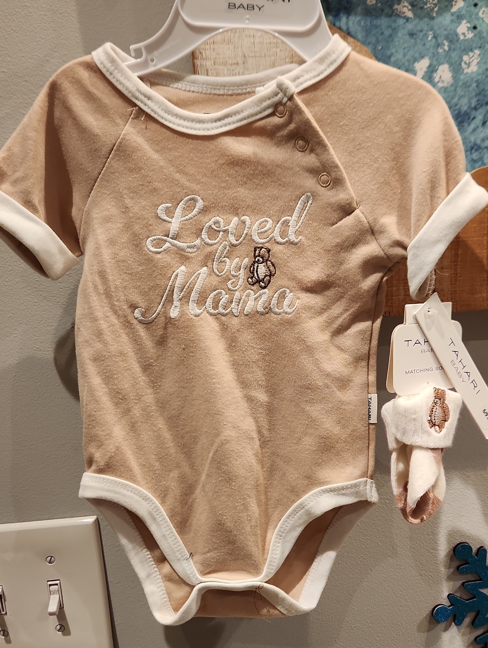 Tahari Beige and White 'Loved by Mama' One-Piece Bodysuit & Matching Socks
